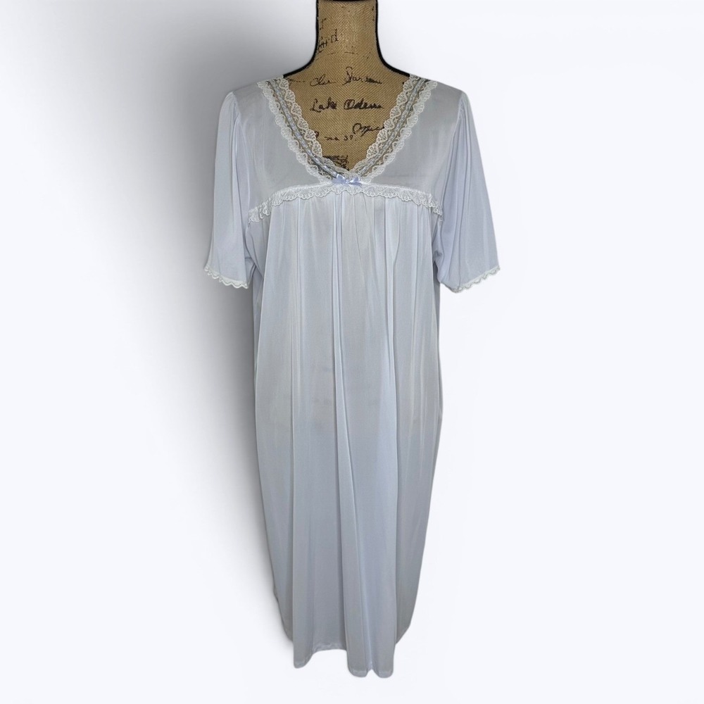 Vtg Vanity Fair Nylon Nightgown Light Blue Lace Floral Trim Semi Sheer 90s Sz XL